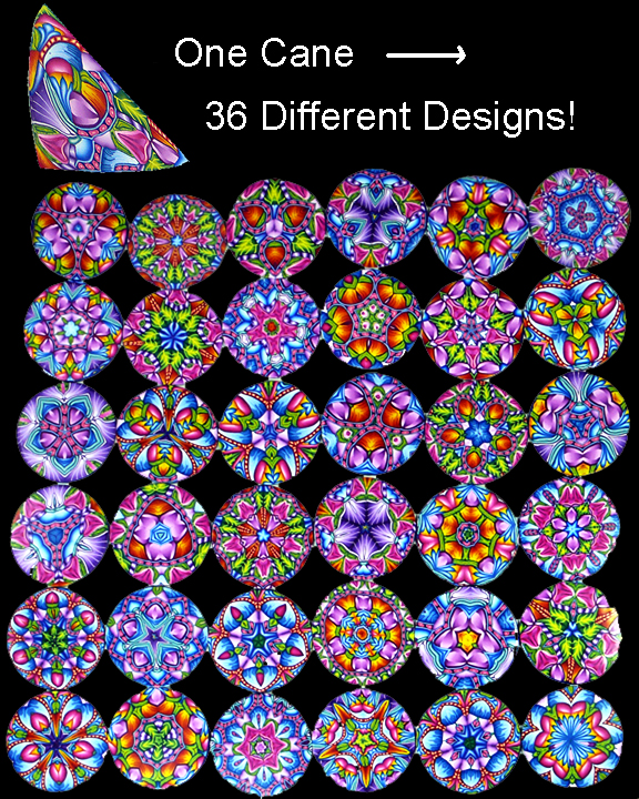 36 kaleidoscope designs from a single cane.